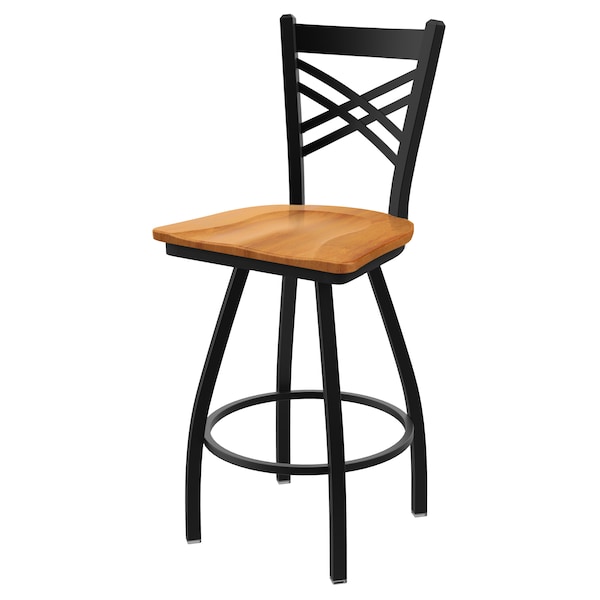36" Swivel Bar Stool, Black Wrinkle, Med Maple Seat